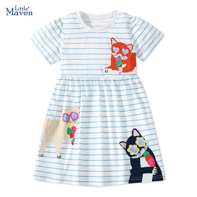Little maven Kids Clothes New Summer Children's Clothing Cartoon Cats Striped Dresses Holiday Cotton Casual Vestidos Gifts