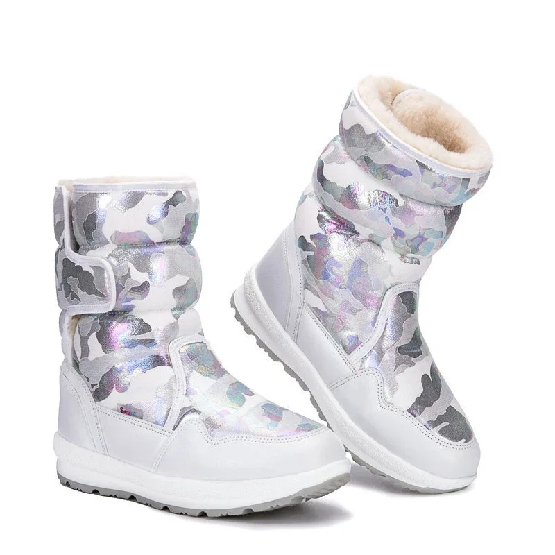 Camouflage Army Green Winter Warm Plush Children\'s Snow Boots Non-slip Waterproof Ski Girls\' Long Boots Family Matching Shoes