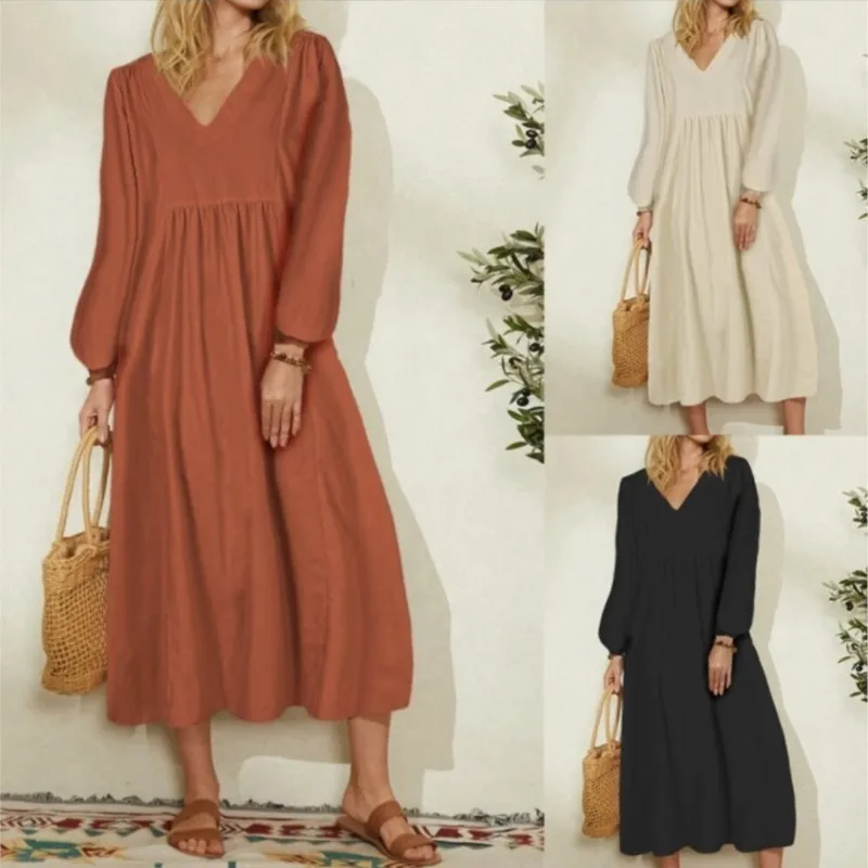 

V-neck 2023 Spring/Summer Fashion Solid Color Women's Cotton Hemp Casual Loose Sleeve Lantern Sleeve Women's Dresses