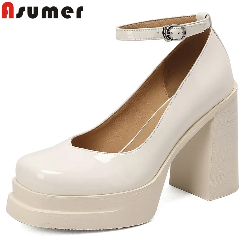 

ASUMER 2024 New Size 34-40 Classics Patent Leather Shoes Women Thick High Heels Platform Pumps Office Ladies Buckle Dress Shoes