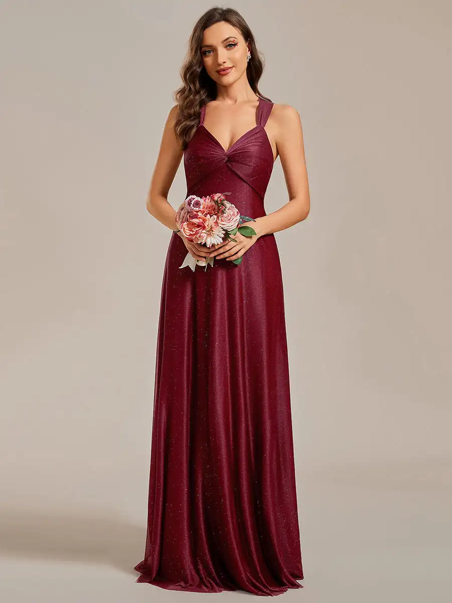 

Elegant Evening Dresses Deep V-neck Sparkly Pleated Twist Sleeveless 2024 BAZIIINGAAA of Chiffon Shiny Burgundy Bridesmaid Dress