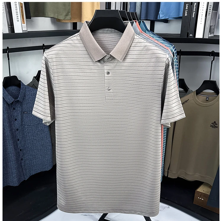 High Quality Summer Men's Business Casual Short Sleeve Comfortable Stripe Lapel Fashion Polo Short Sleeve No Trace T-shirt Top 27 Sd9bdd0a95b774767ac66876e795eea6eC