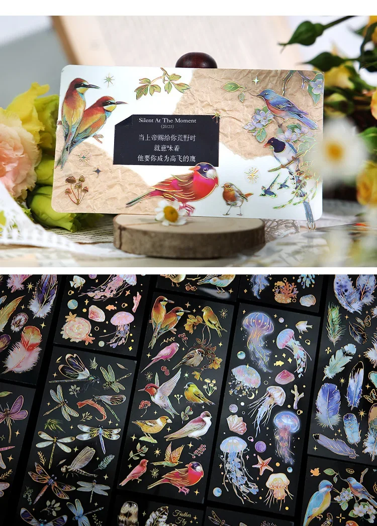 3pcs Kawaii Sticker Pack Feather Dragonfly Bird Jellyfish Decorative Scrapbooking Material Labels for Diary Phone Journal Planne