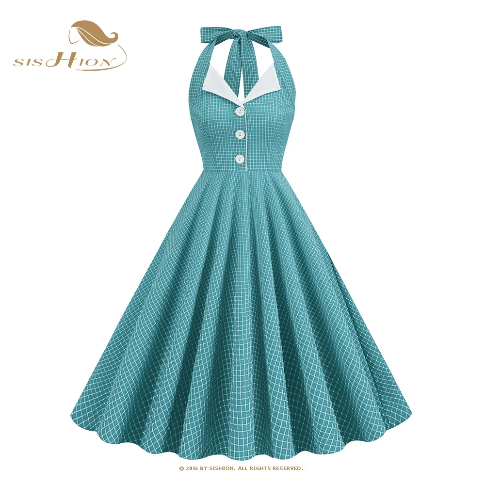 

SISHION Halter Backless Sexy A Line Women Summer Dress VD3782 Blue Red Purple 50s 60s Vintage Plaid Dresses Retro Party
