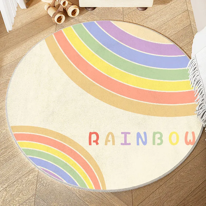 Round Flanne Home Decor Carpet Rainbow Carpets for Living Room Decor Soft Non-Slip Nursery Floor Mat Washable Rugs for Bedroom