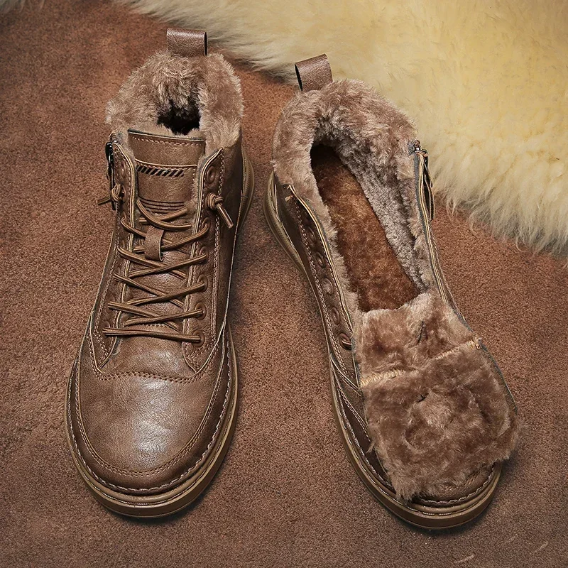 

Men's Leather Boots 2023 Winter Platform Warm Fur Ankle Boots Short Lace Up Fashion New Casual Shoes for Men Working Botas