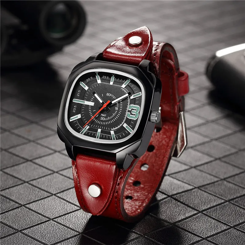 Men Vintage Cow Leather Square Quartz Watch Luxury Wristwatches Man Clock Relógio Masculino Montre Homme