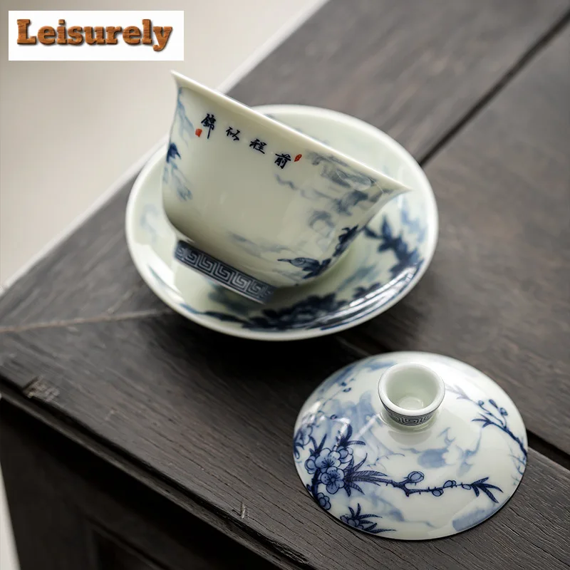 150ML Antique Blue And White Porcelain Gaiwan Retro Ink Flower And Bird Tea Tureen Tea Making Cover Bowl Tea Services Craft Gift