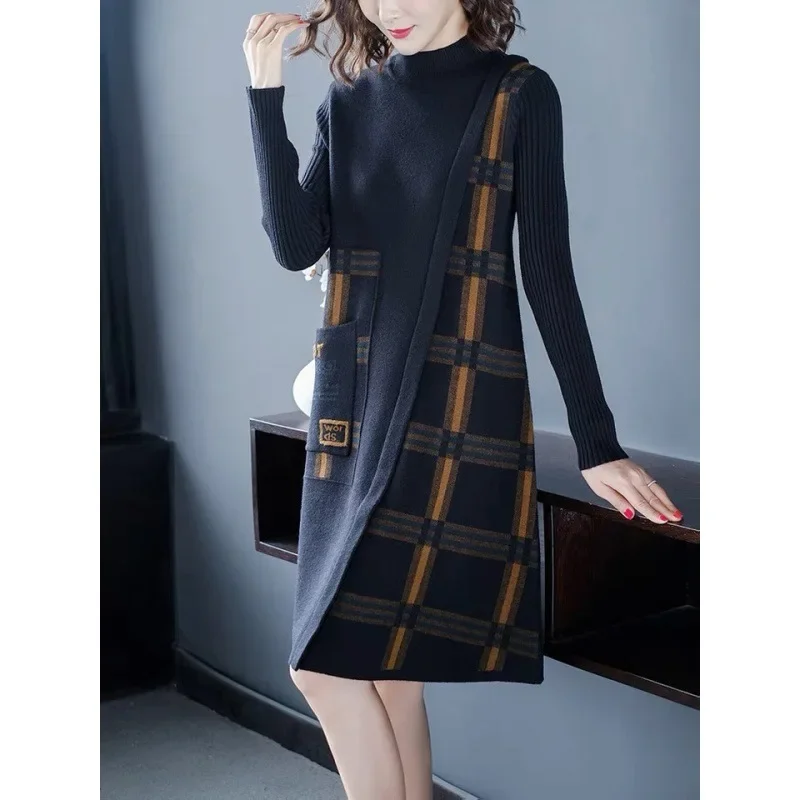 

Elegant Fashion Striped Thicken Sweater Dresses Women 2023 Autumn Winter Retro Knitted Dress Woman Korean Long Sleeve Midi Dress