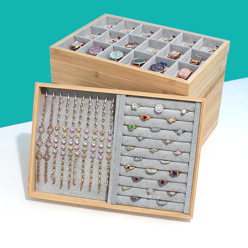 Bamboo Jewelry Tray Rings of The Earrings Neck Chain Bracelet Jewelry Display Tray Ice -gray Velvet Storage Box