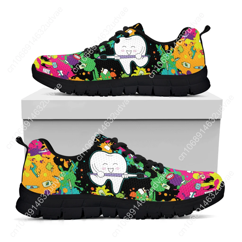 Dental Footwear Tie Dye Painted Mesh Shoes Cartoon Teeth Print Walking Sneakers Women's Outdoor Tennis Footwear 2023