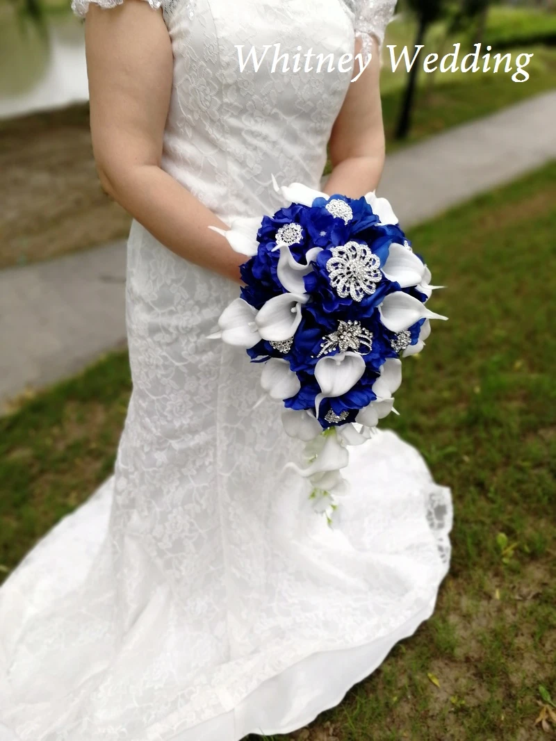 Waterfall Royal Blue Wedding Flowers Bridal Bouquets Artificial Pearls Crystal