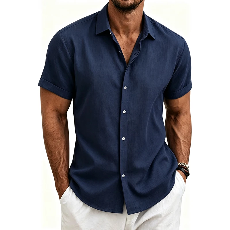 Men's Cotton Linen Shirts Essential Comfortable Casual Lightweight Short Sleeve 4