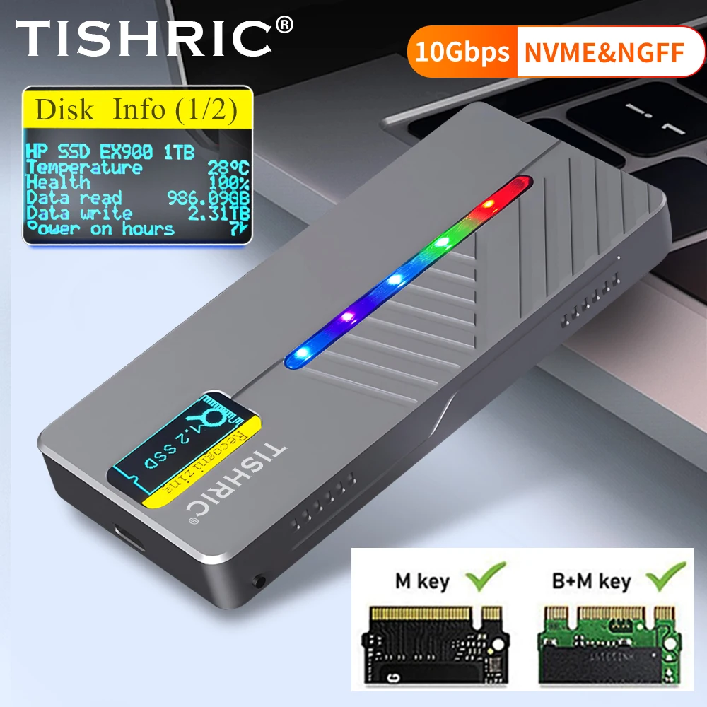TISHRIC 10Gbps RGB SSD M2 NGFF NVME External Hard Drive Enclosure M2 M/B+M Key To Type C HDD Case With Display Screen For Gaming