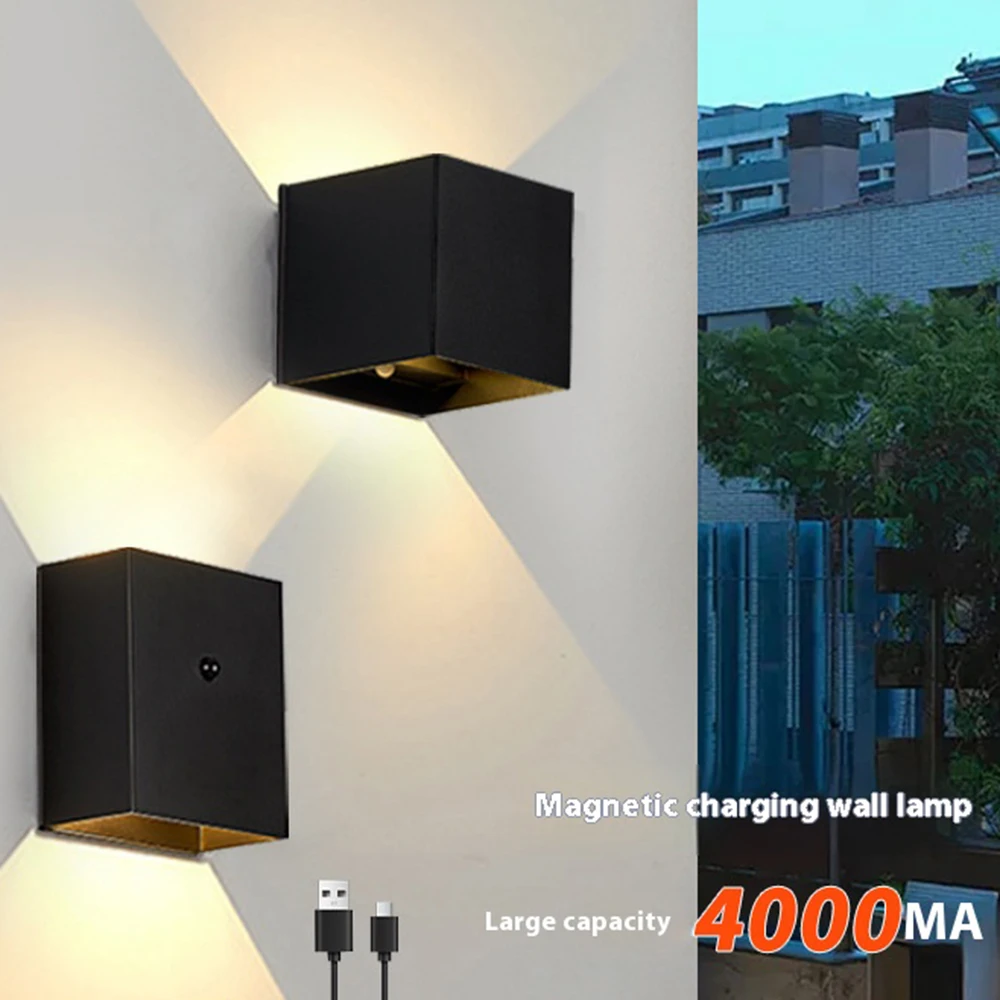 4000mAh Modern Simplicity LED Wall Lamp Mount Lamp Up Down Cube Outdoor Fixtures Decor Indoor Bedroom Rechargeable Sensor Light