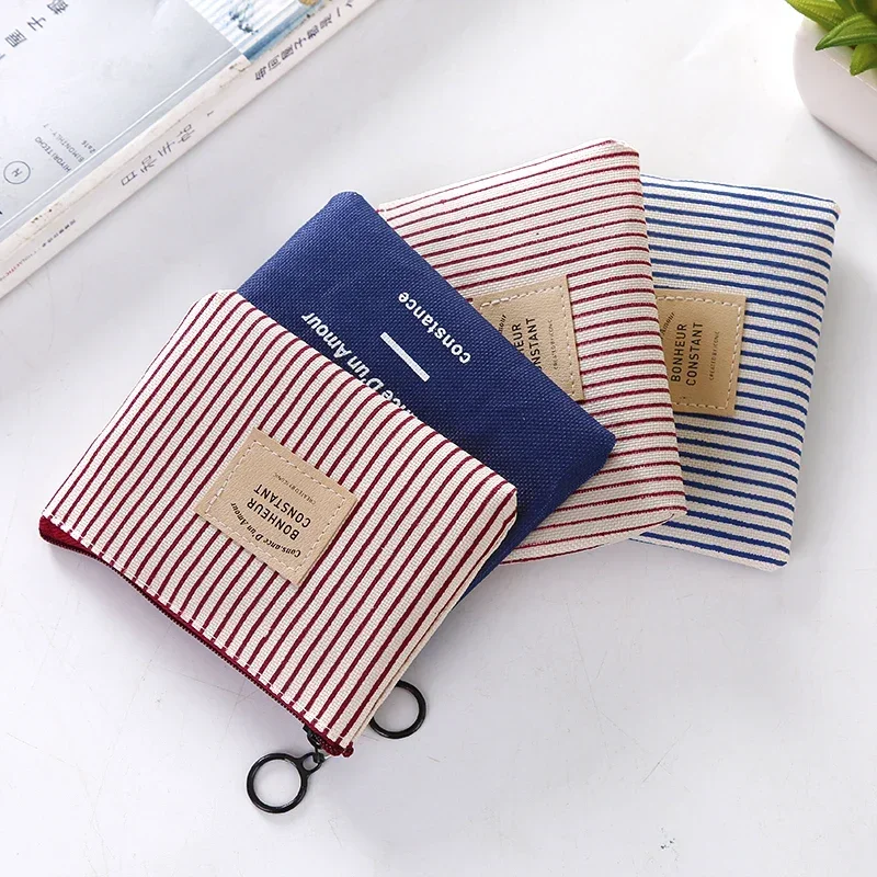 Women Coin Purse for Girls Small Stripe Canvas Zipper Coin Pouch Girl Kawaii Small Bags Cute Earphone Key Holder Bag Wallet