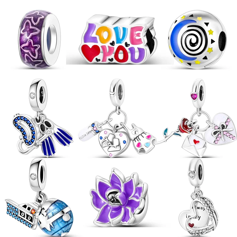 

925 Silver Ship Envelope Gift Rose Blossom Diving Suit Pendant Love You Beads Fit Original Pandora Charms Bracelet Women Jewelry