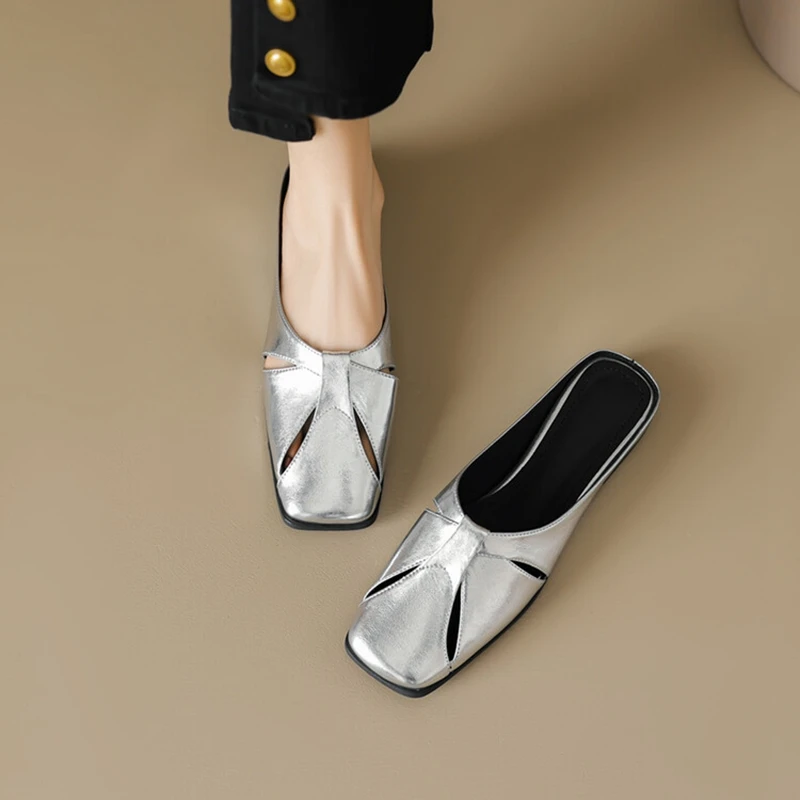 

Summer Women Slippers Square Toe Women Sandals Low Heel Mules Split Leather Shoes for Women Hollow Out Sandals Handmade Shoes