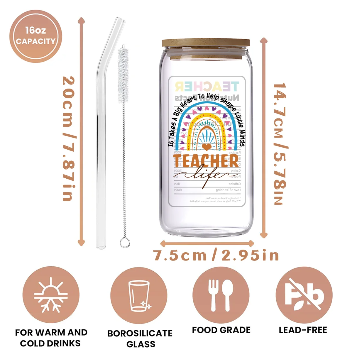 Teacher travel glass cup, teacher coffee cup, teacher Christmas gift, glass cup gift, cola coffee milk tea cup