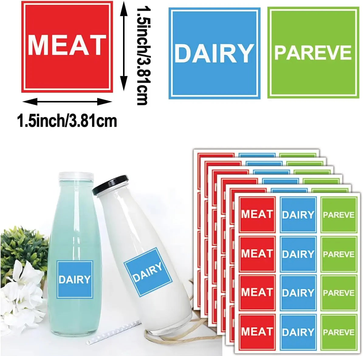 120 Pcs Kosher Labels Meat Dairy Parve Stickers 1.5 x 1.5 inch Blue Dairy Red Meat Green Pareve Stickers for Kosher Kitchen Use