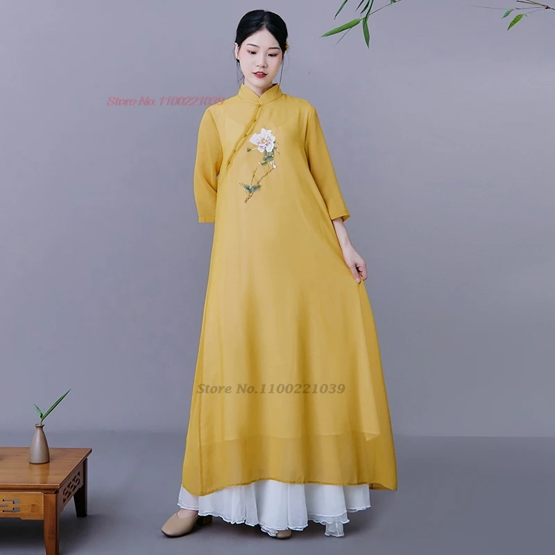 

2024 chinese improved qipao dress vintage dress cheongsam national flower print folk dress oriental elegant meditation dress