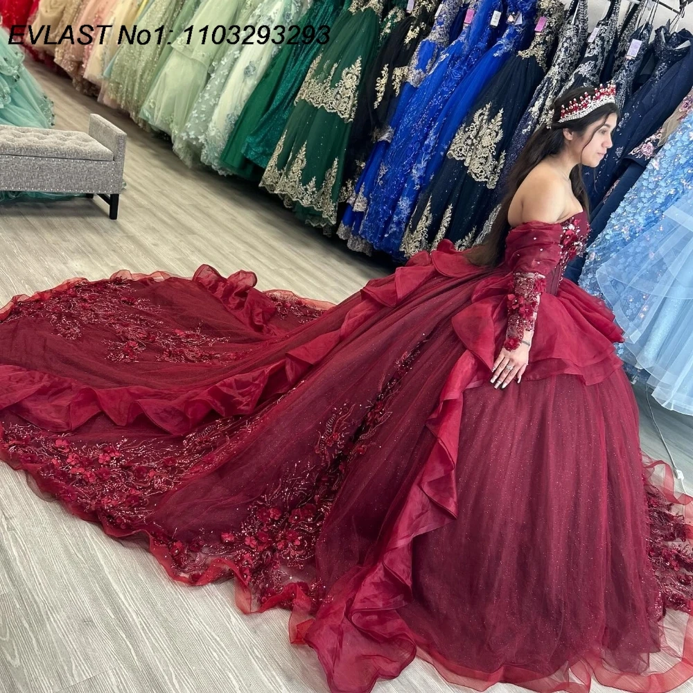 Quinceanera Dress Burgundy Shiny Ball Gown Floral Applique Beading Tiered Sweet 16 E1Q225