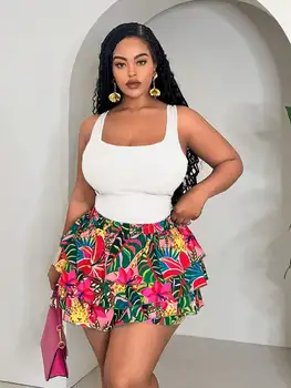Plus Size Women 2 Piece Set White Crop Top And Tropical Print Ruffle Shorts Casual Summer Outfit