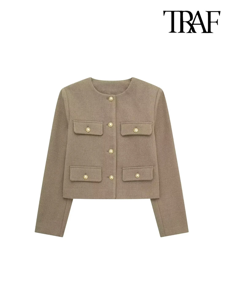 TRAF-Women's Golden Button Jacket Coat, O Neck, Long Sleeve, Female Outerwear, Chic Tops, Fashion 5