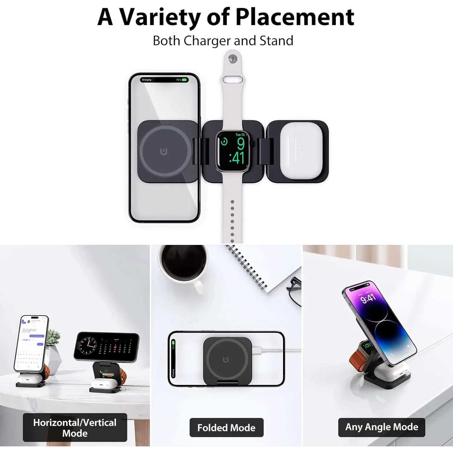 รูปสินค้า ชาร์จไร้สาย 3 in 1 พับได้ ชาร์จ iPhone & Apple Watch & AirPods