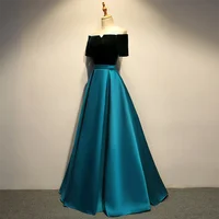 Luxury Elegant Pretty Blue Satin Green Velvet Contrast Floor Length Formal Evening Dress Off Shoulder A-Line Robes De Soirée 1