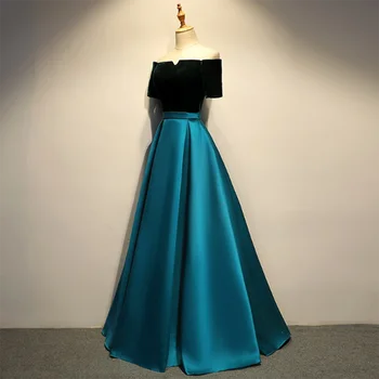 Luxury Elegant Pretty Blue Satin Green Velvet Contrast Floor Length Formal Evening Dress Off Shoulder A-Line Robes De Soirée 1