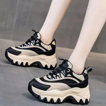 Sneakers Women Casual White Shoes 8CM Fashion Height Increasing Thick Bottom Spring Platform Leather Woman Chunky Sneakers 2024 1