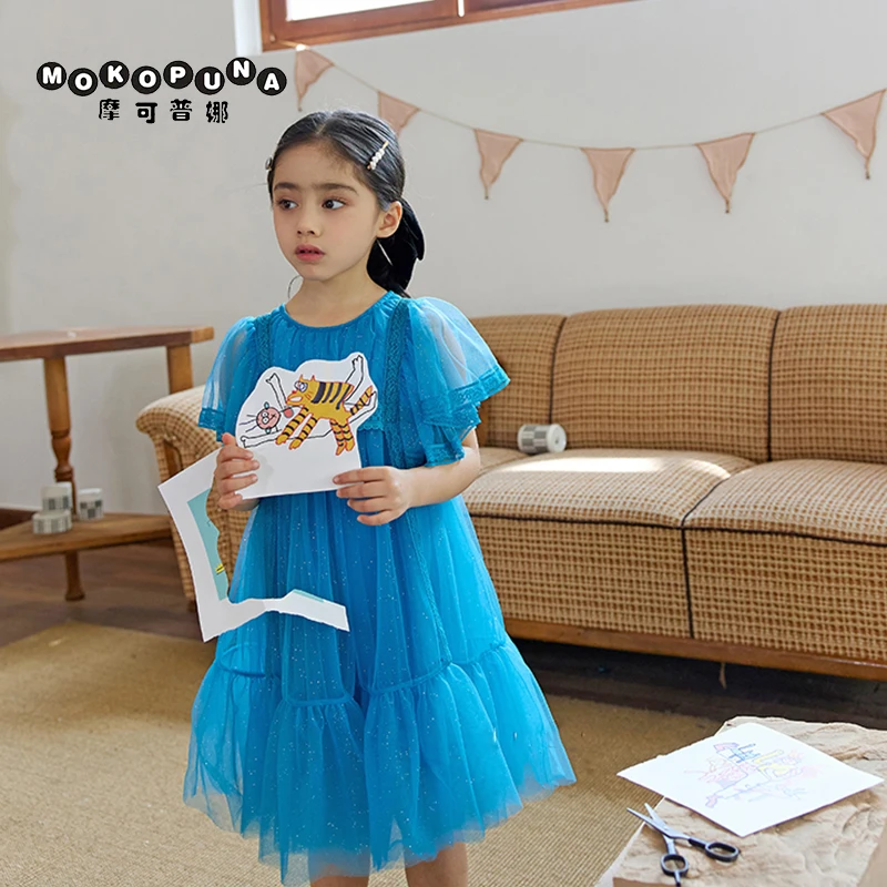 

MOKOPUNA Princess Dress Party Wedding Romantic Blue Mesh Dress for Girls Birthday Multi-layered Tutu Skirt Children's Clothing
