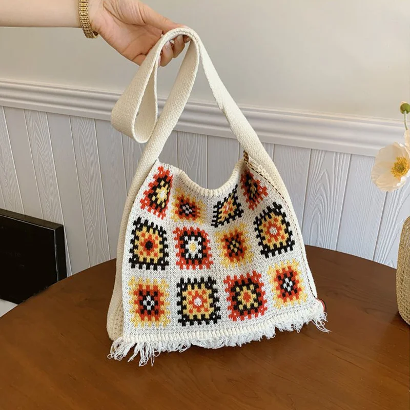 Colorful Boho Chic Granny Square Crochet Woven Handbags For Women Beige Blue Market Bag Vintage Style Hippie Summer Beach Purse