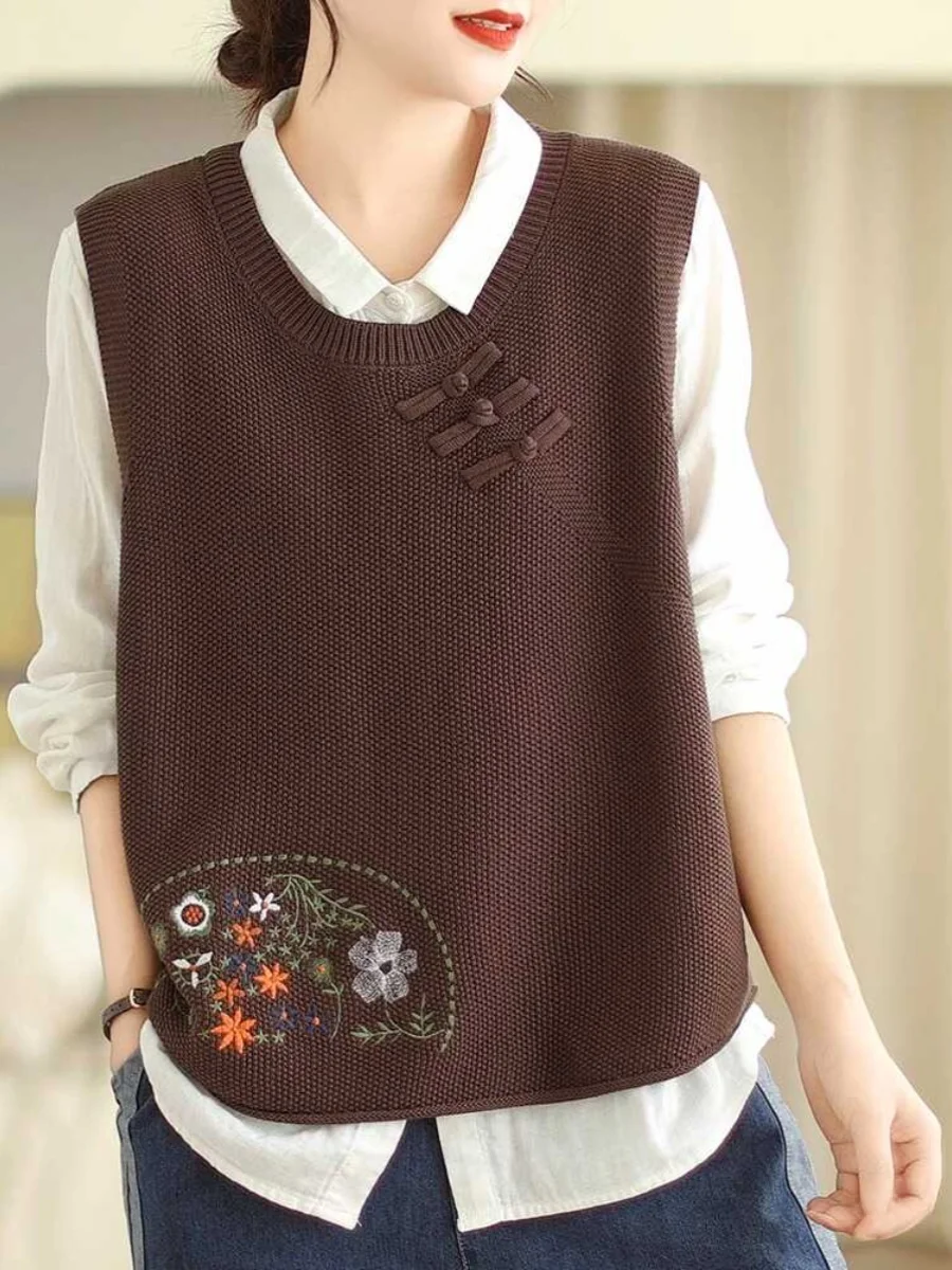 Women's Knitted Vest 2025 Spring Autumn Loose round Ne Retro Artistic oulder Open Outerwear Top Comfortable Commute Sle