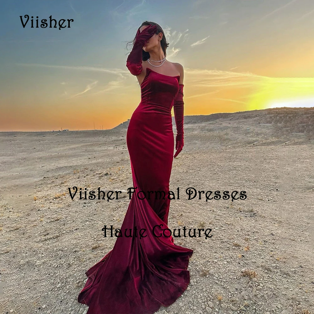 

Burgundy Velvet Mermaid Evening Dresses with Sleeve Strapless Arabian Dubai Prom Party Dress with Train Long Formal Gowns