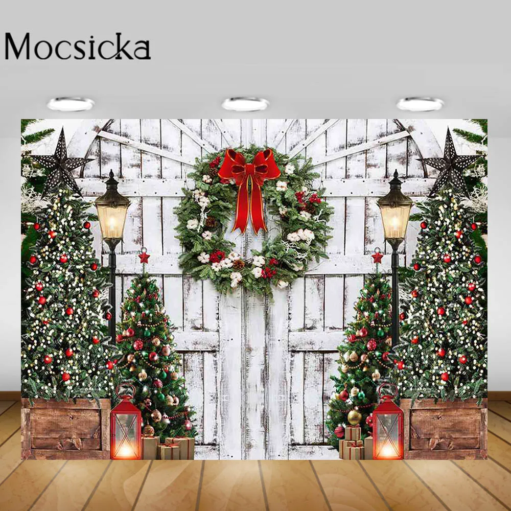 

Mocsicka Рождественский венок белый винтажный деревянный дверь фон для фотосъемки новорожденный портрет фотография Фон Рождественская студия...