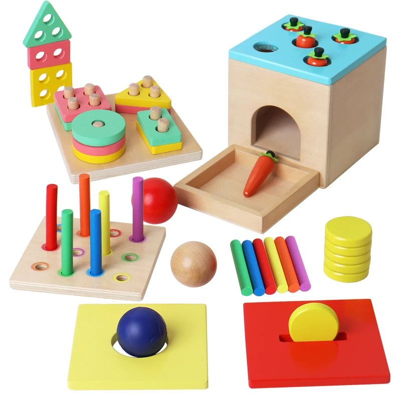 

Montessori Wooden Toy 5-in-1 Intelligence Box Shape Set Column Pull Radish Coin-operated Game Stick Kids Educationsl Toys Puzzle