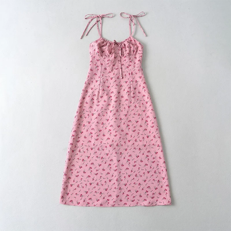 

YENKYE Sexy Elegant Women Pink Rose Floral Print Sling Midi Dress Sleeveless O Neck Female A-line Holiday Party Dresses Summer
