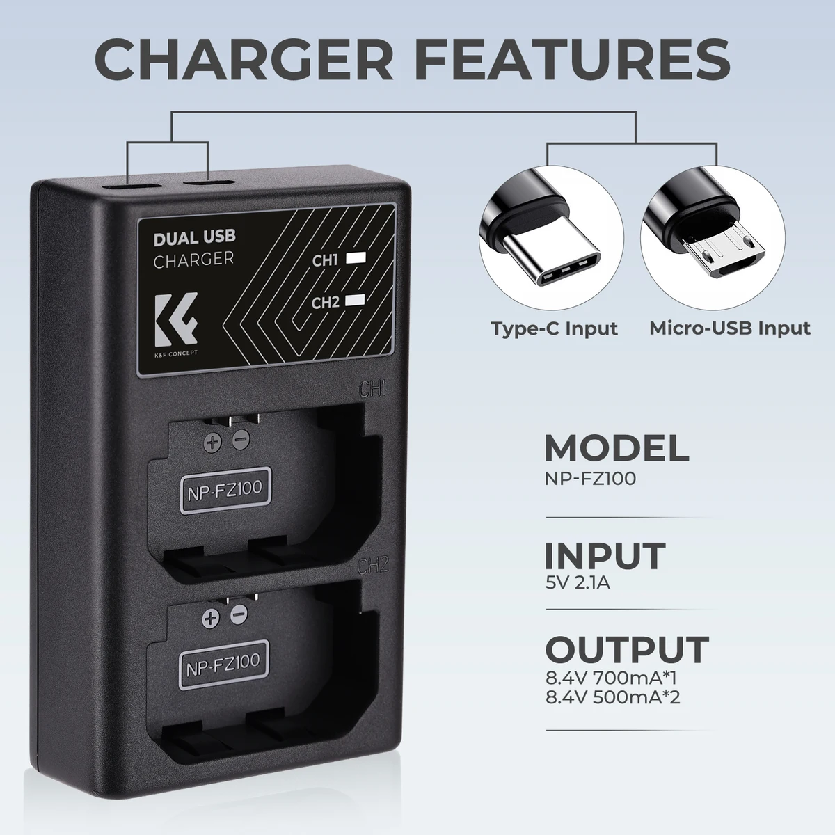 K&F Concept NP-FZ100 NP FZ100 Camera Battery Charger For Sony Camera A9 A7M4 A7R5 A7C ZVE1 A6700 A7III A7 III FX30 — view 3