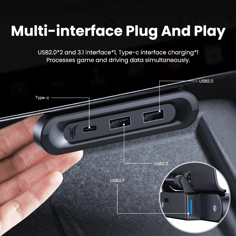 4-in-1 USB-Hub Für Tesla Model 3/Y (2021-2023) – Mit 2 Ausziehbaren Kabeln, Typ-C PD-Schnellladung & LED-Licht