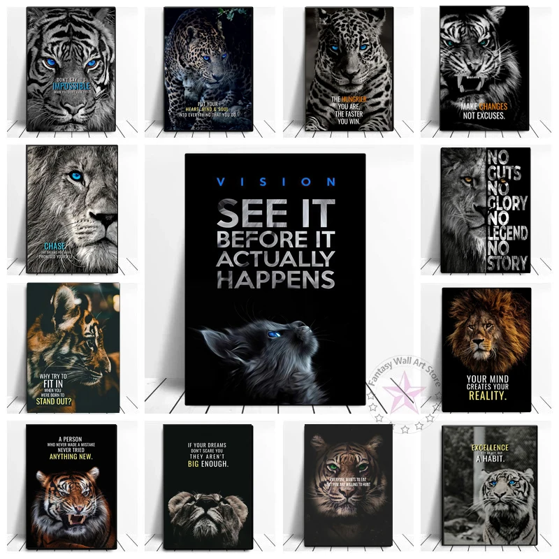 

Modern Lion Tiger Inspirational Quotes Poster Nordic Motivation Animal Canvas Painting Print Living Room Wall Picture Home Decor
