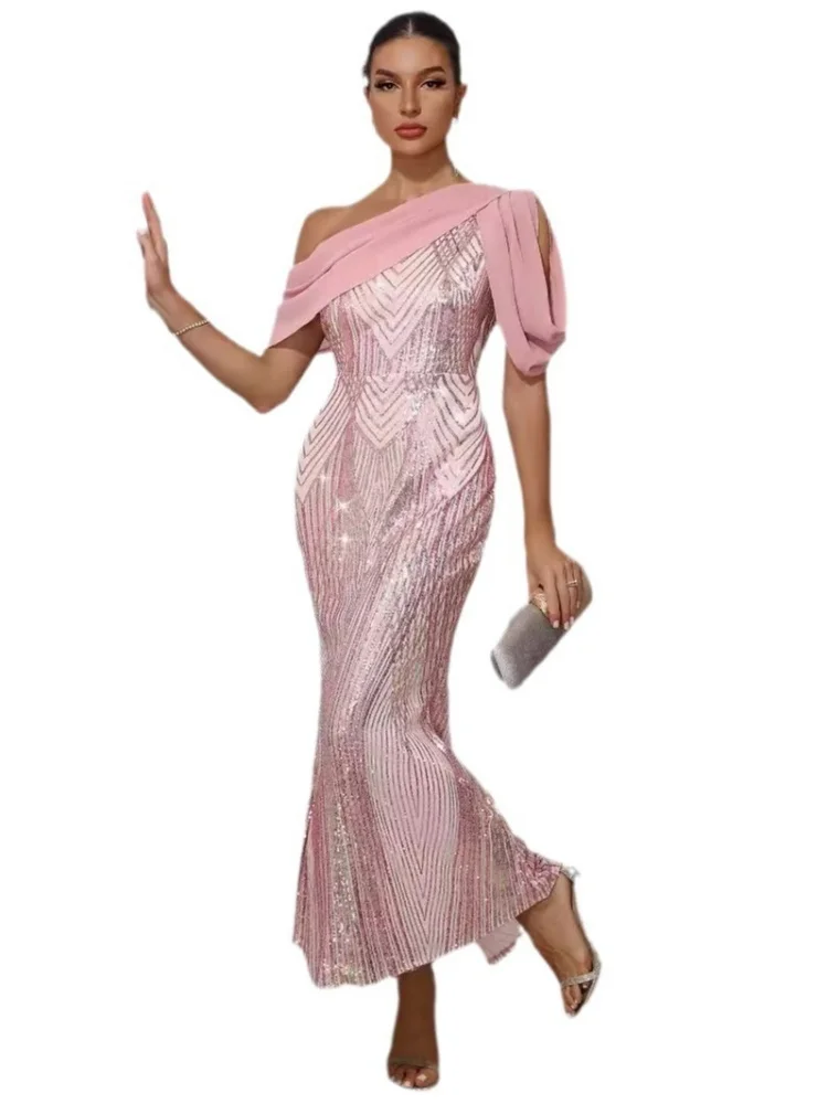 Wmstar Dress Women Wholesale Hot Selling New European American  Single Shoulder Chiffon Patchwork Sequined Long  Party 2025