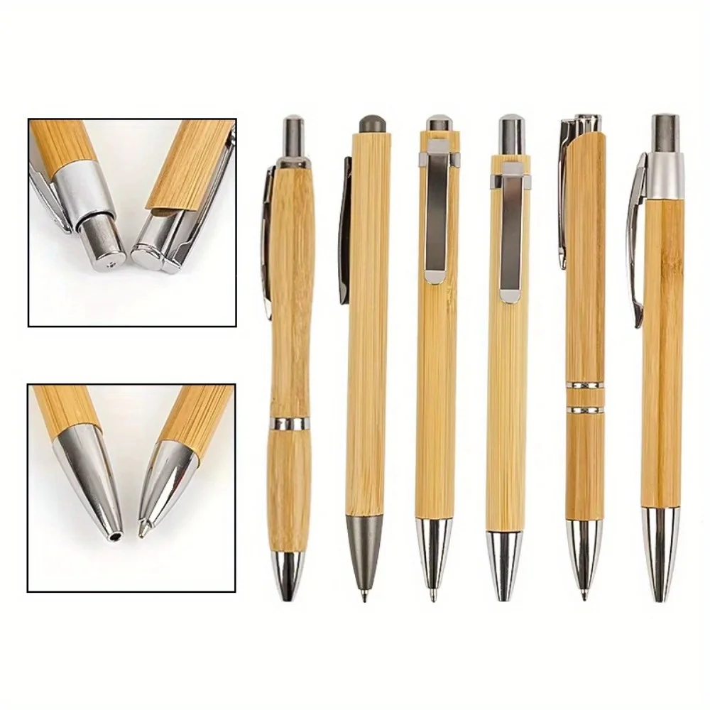 Eco-Friendly Bamboo Ballpoint Pens - Set of 6, Black Ink, Retractable, Refillable