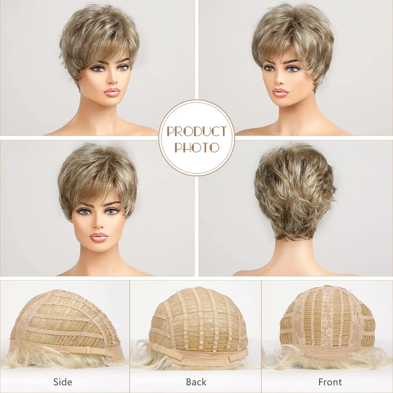 Light Blonde Mixed Off-White Short Pixie Cut Wigs for Women With Bangs Kanekalon Human-hair Like Texture Natural Layered Hair