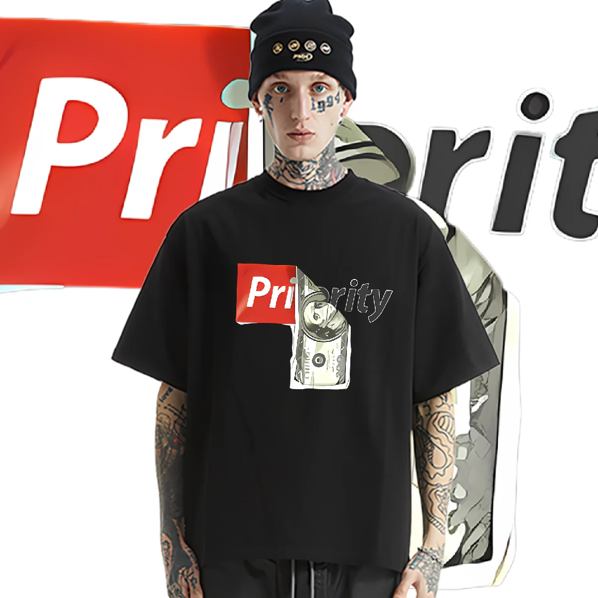 

Money Round Collar Oversize Loose Clothes XL Retro Men Tops Printed Hippie T Shirt Street Style Tshirt Breathable Tees