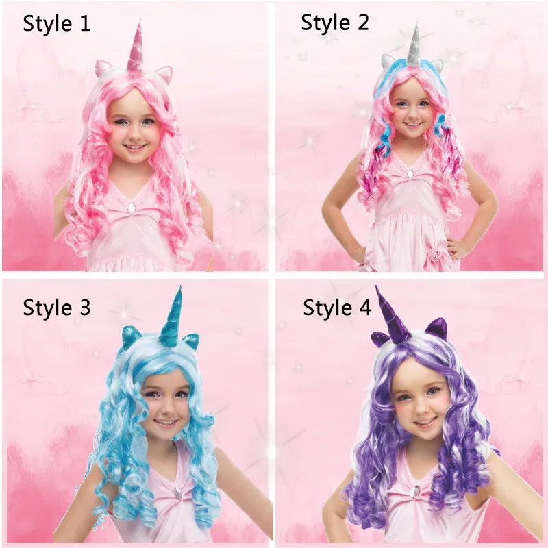 Rainbow Unicorn Wig Girls Kids Long Fake Hair Cosplay Cartoon Accessories