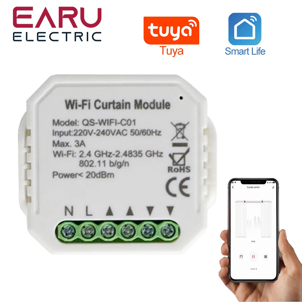 Earu QS-WIFI-C01 WiFi Smart Curtain Switch Module Roller Shutter Motor with Smart Life TUYA APP Remote Control Works with Alexa Google Home