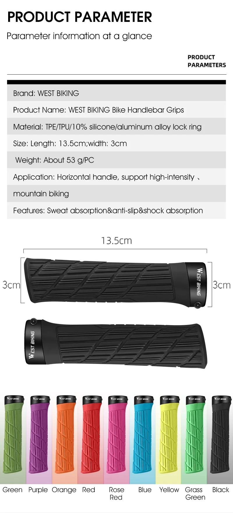 Description Picture 4 of itemWEST BIKING Colorful Bicycle Handle Bar Grips MTB Mountain Bike Soft Handlebar Cover Plug Rubber Non-slip Cycling Accessories
