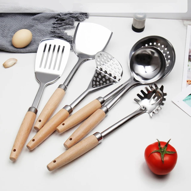 Manche en bois, outils de cuisine en acier inoxydable, ensemble de cuisine,  spatule, pelle, cuillère à